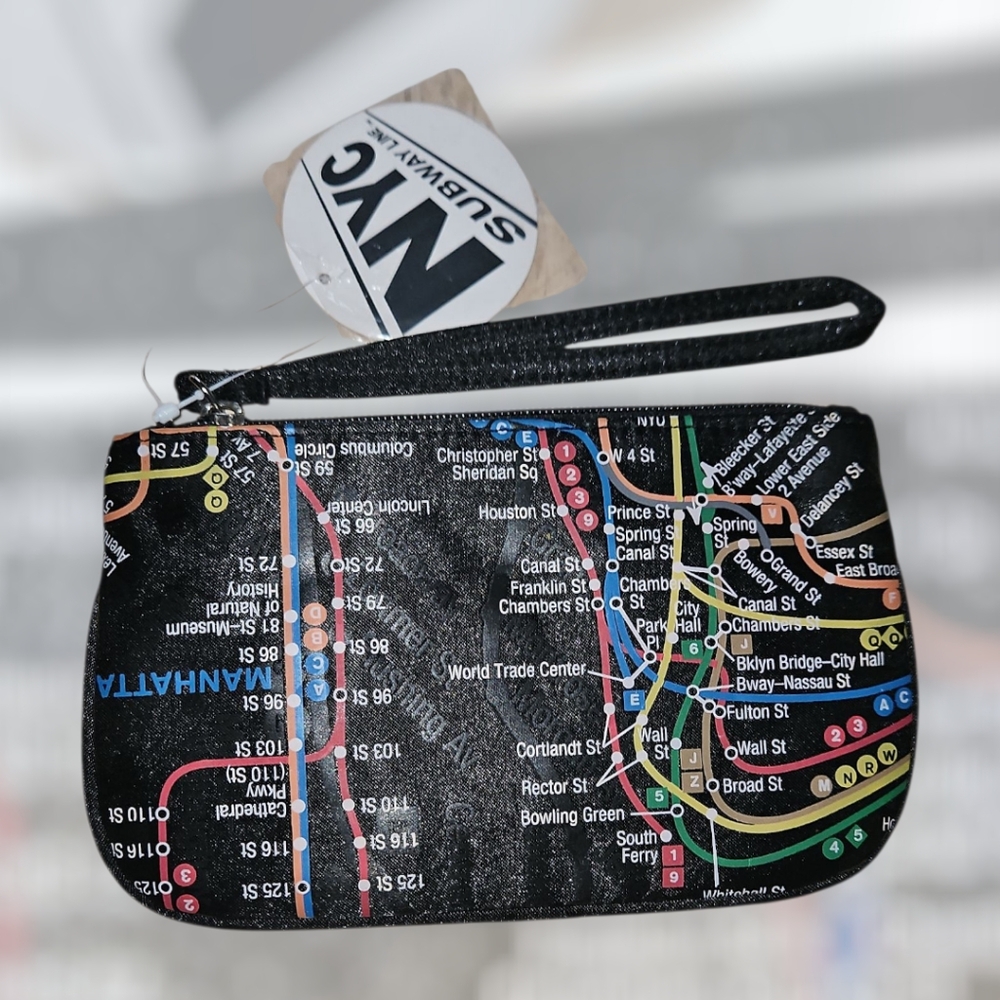 NYC Wristlet Makeup Cosmetics Bag Zip Top Black And Multi  NWT